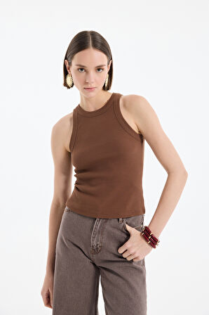 Halter Yaka Basic Fitilli Atlet Kahverengi
