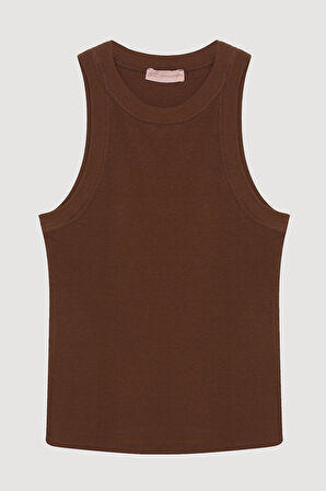 Halter Yaka Basic Fitilli Atlet Kahverengi