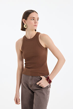 Halter Yaka Basic Fitilli Atlet Kahverengi