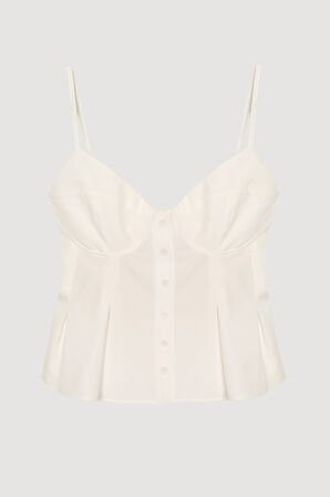 Pile Detaylı Düğmeli İnce Askılı Bluz Ekru