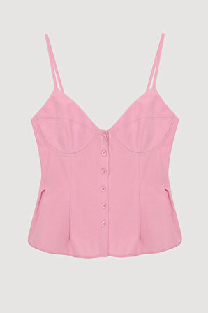 Pile Detaylı Düğmeli İnce Askılı Bluz Pembe