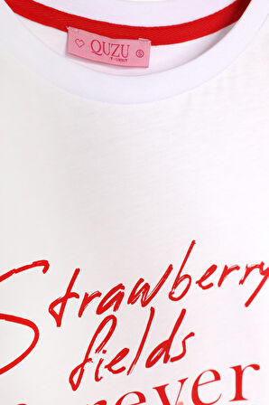 Çilek Baskılı Yazı Nakışlı Tişört Beyaz