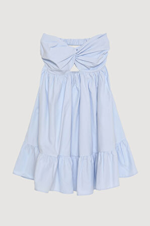 Önü Düğüm Detaylı Sırt Dekolteli Straplez Mini Elbise Mavi