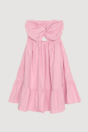 Önü Düğüm Detaylı Sırt Dekolteli Straplez Mini Elbise Pembe