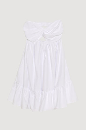 Önü Düğüm Detaylı Sırt Dekolteli Straplez Mini Elbise Beyaz