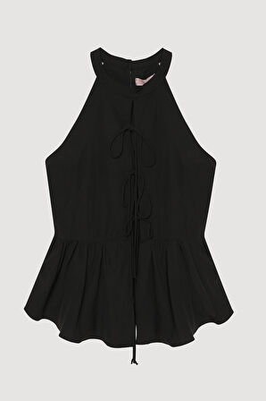 Önü Bağcıklı Halter Yaka Bluz Siyah