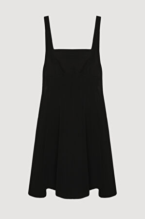 Sırtı Kurdele Detaylı Kare Yaka Mini Elbise Siyah