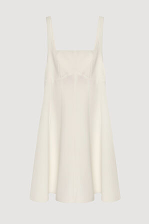 Sırtı Kurdele Detaylı Kare Yaka Mini Elbise Ekru