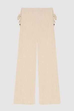 Yanları Boncuk Bağlamalı Gofre Pantolon Taş