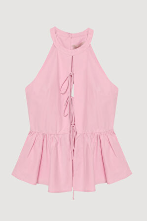 Önü Bağcıklı Halter Yaka Bluz Pembe