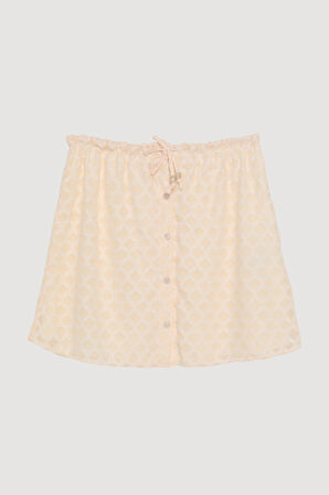 Önden Düğmeli Beli Lastikli Dokulu Mini Etek Ekru