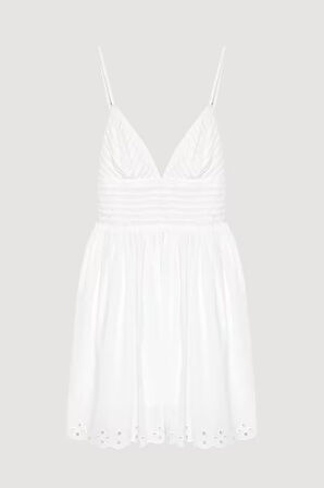 Kırışık Dokulu Brode Detaylı Askılı Mini Elbise Beyaz