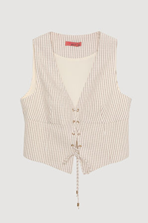 İp Bağlamalı Çizgili Kolsuz Yelek Naturel