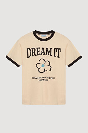 Biye Yakalı Baskılı Tişört Bej