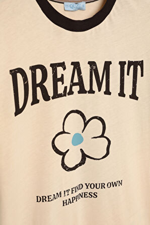 Biye Yakalı Baskılı Tişört Bej