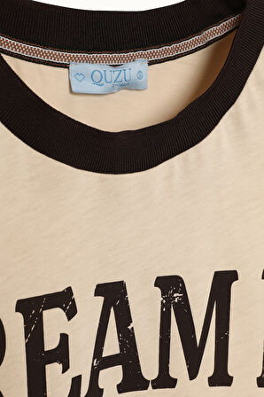 Biye Yakalı Baskılı Tişört Bej