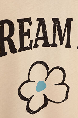 Biye Yakalı Baskılı Tişört Bej