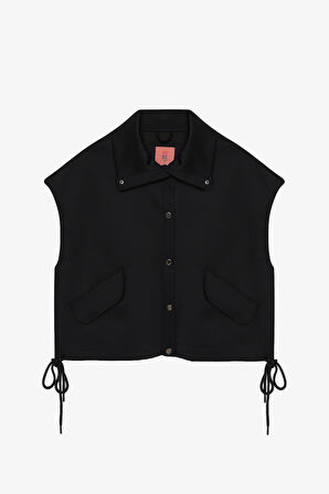 Çıtçıt Düğmeli Cepli Yumuşak Dokulu Oversize Yelek Siyah