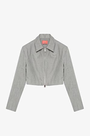 Gömlek Yaka Fermuarlı Kısa Ceket Gri