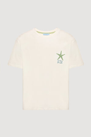 Deniz Yıldızı Sırtı Baskılı Tişört Ekru