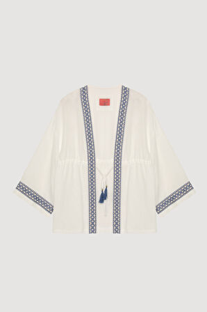 Şerit Nakış Detaylı Beli Bağlamalı Kimono Ekru