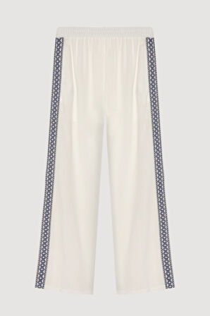 Şerit Nakışlı Beli Lastikli Bol Paça Pantolon Ekru