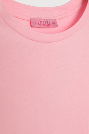 Bisiklet Yaka Oversize Basic Tişört Pembe