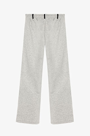 Kontrast Kumaş Garnili Nakışlı Beli Lastikli Pantolon Siyah