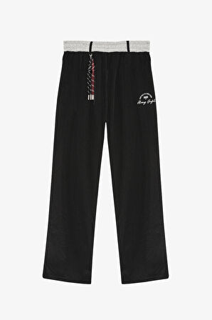 Kontrast Kumaş Garnili Nakışlı Beli Lastikli Pantolon Siyah