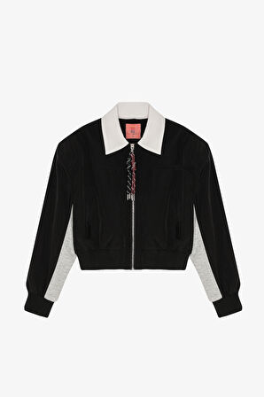 Renk Bloklu Sırtı Yazı Baskılı Bomber Ceket Siyah