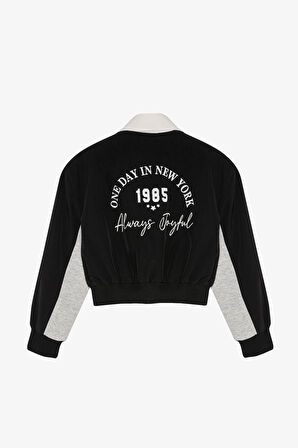 Renk Bloklu Sırtı Yazı Baskılı Bomber Ceket Siyah