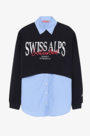 Çizgili Gömlek Garnili Yazı Baskılı Oversize Sweatshirt Mavi