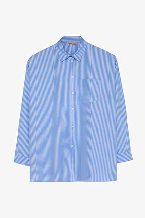 Sırtı Yazı Baskılı Oversize Çizgili Gömlek Mavi