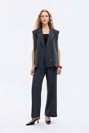 Pensli Şerit Bel Detaylı Bol Paça Pantolon Antrasit