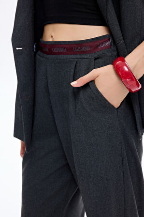 Pensli Şerit Bel Detaylı Bol Paça Pantolon Antrasit