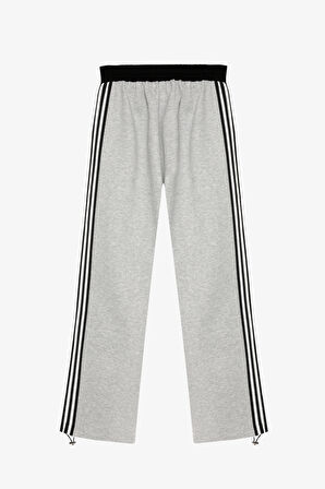 Şerit Garnili Kontrast Kumaş Bol Paça Pantolon Siyah