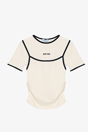 Atlet Detaylı Yan Büzgülü Bisiklet Yaka Tişört Ekru