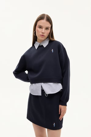 Gömlek Garnili Nakışlı Sweatshirt Lacivert