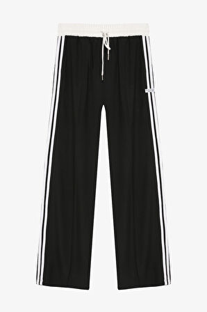 Etiket Detaylı Şerit Garnili Bol Paça Pantolon Siyah