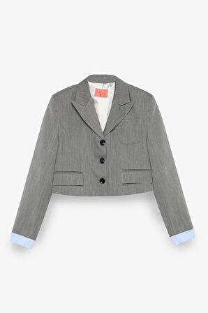 Kumaş Garnili Cep Detaylı Crop Blazer Ceket Gri