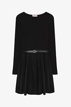 Beli Kemerli Garnili Basic Mini Elbise Siyah