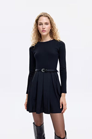 Beli Kemerli Garnili Basic Mini Elbise Siyah