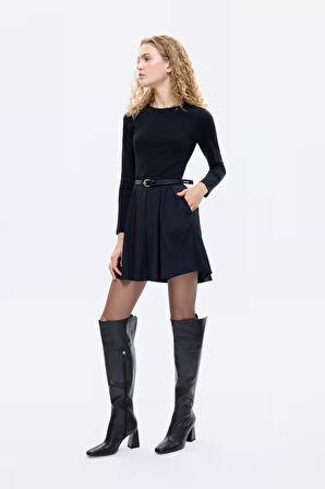 Beli Kemerli Garnili Basic Mini Elbise Siyah