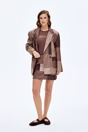 Patchwork Kruvaze Oversize Blazer Ceket Kahverengi