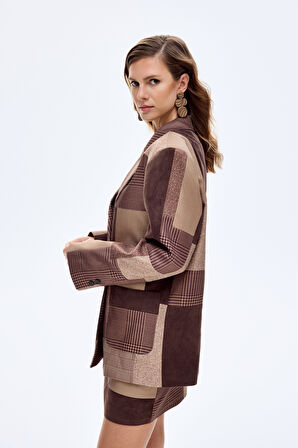 Patchwork Kruvaze Oversize Blazer Ceket Kahverengi