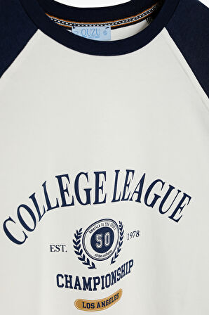 Reglan Kol Baskılı Bisiklet Yaka İnce Sweatshirt Ekru