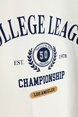 Reglan Kol Baskılı Bisiklet Yaka İnce Sweatshirt Ekru