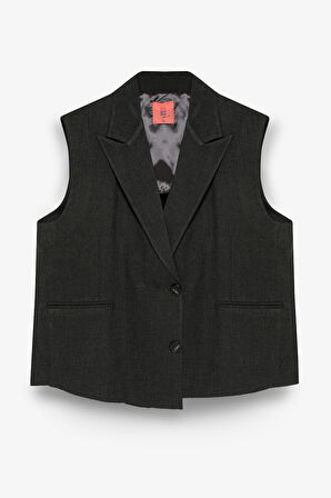 Kruvaze Yaka Sırtı Şerit Detaylı Yelek Ceket Antrasit