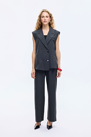 Kruvaze Yaka Sırtı Şerit Detaylı Yelek Ceket Antrasit