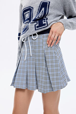 Ekose Desenli Beli Bağcıklı Pileli Mini Etek Gri